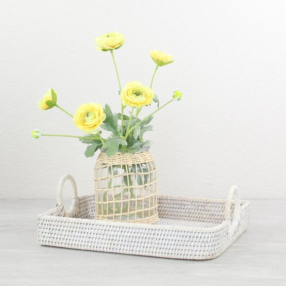 NEW Tight Woven Leaf Shaped Rattan Tray with Handles-Whitewash